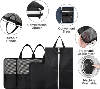 AiQInu 4-Piece Suitcase Organizer, Compression Packing Cube Space-Saving Expandable Ultralight Travel Organizer for Clothes, Shoes, Underwear Travel Set for Backpacks or Hand Luggage