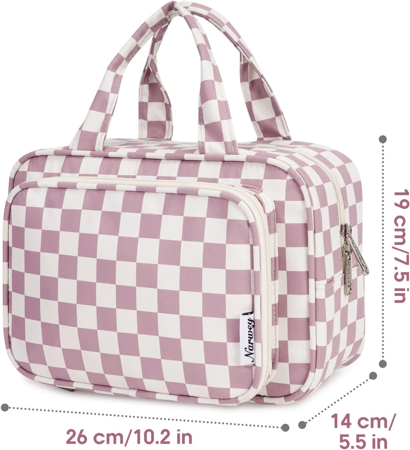 Narwey Full Size Checkered Toiletry Bag Women Travel Toiletries Bag Make Up Bag Large Cosmetic Makeup Organizer Bag for Travel Accessories Essentials (Dusty Rose Checkerboard)