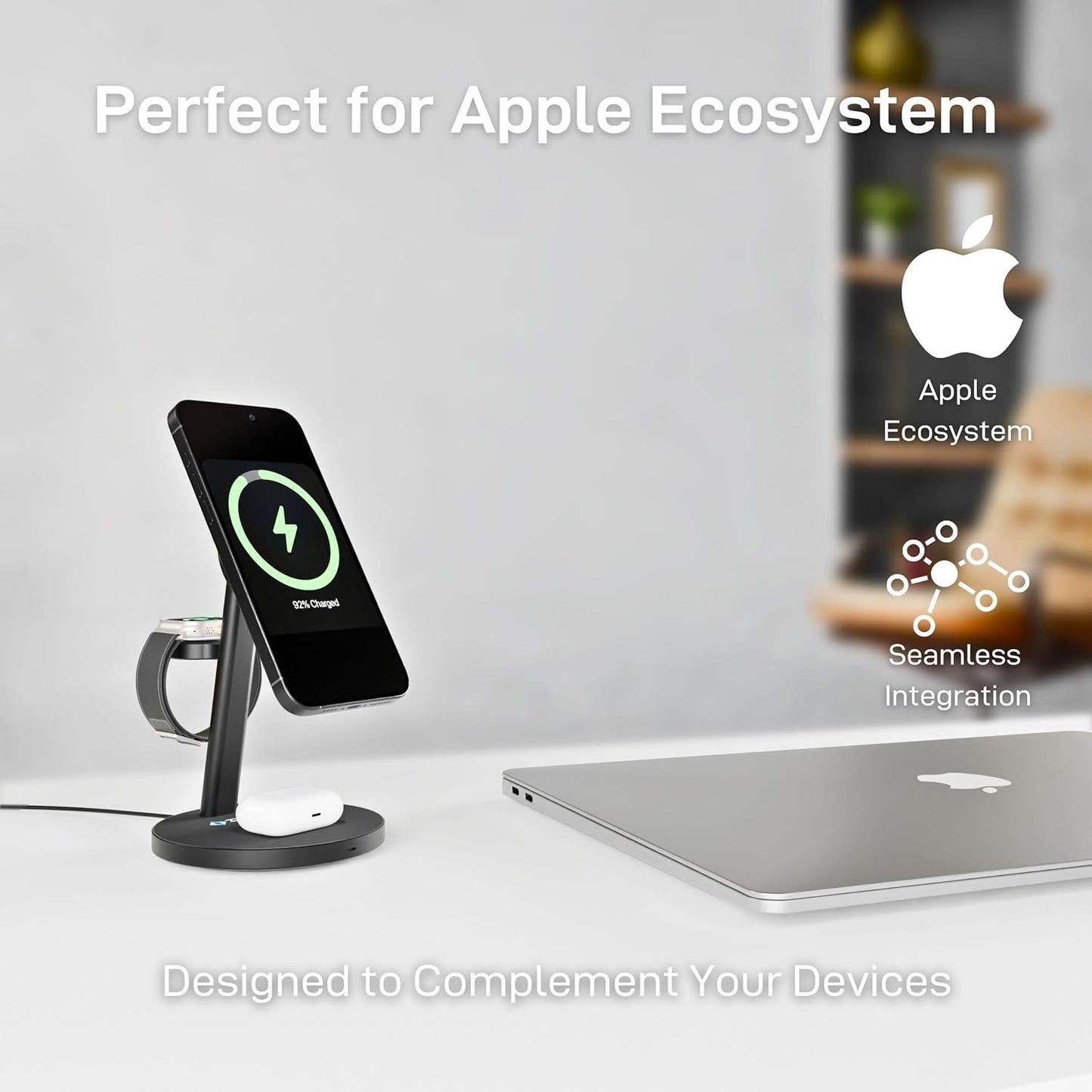 ZYRON 3-in-1 Wireless Charger for Apple, 15W Fast Wireless Charging Station, Qi2 Certified 3 in1 Wireless Charger Dock Compatible with iPhone 16/15/14, Airpods, Apple Watch, iWatch 10/9/8, Black