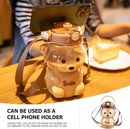 YOLUFER Kawaii Transparent Water Bottle Cute Bear Water Bottles with Straw Water Bottle with Adjustable Shoulder Strap Drinking Cups for Sports Camping Picnic Hiking Travel (35oz) (Coffee)