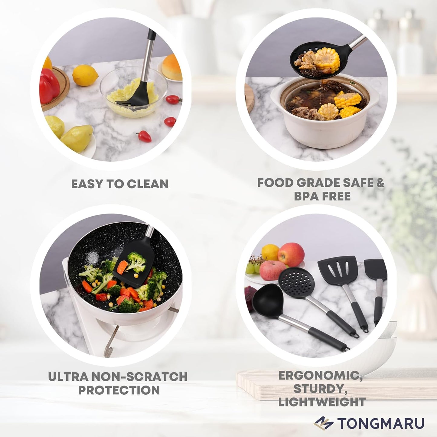 TONGMARU 11 PCS Silicone Kitchen Cooking Utensils Set with Stainless Steel Handle, Spatula Set, Cooking Utensil Set, Kitchen Tools Gadgets for Nonstick Cookware, BPA FREE, 446°F Resistant (Black)