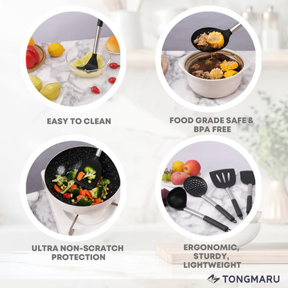 TONGMARU 11 PCS Silicone Kitchen Cooking Utensils Set with Stainless Steel Handle, Spatula Set, Cooking Utensil Set, Kitchen Tools Gadgets for Nonstick Cookware, BPA FREE, 446°F Resistant (Black)