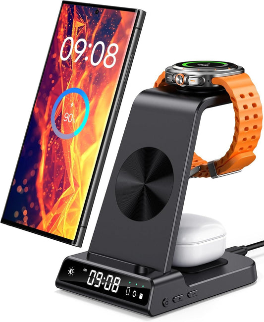 Wireless Charger for Samsung, 3 in 1 Wireless Charging Station for Samsung Galaxy S25 Ultra/S24 Ultra/S23/S22/Note 20/Z Flip 6/Fold 6, Charger for Samsung Galaxy Watch Ultra/7/6/5, Galaxy Buds 2/2 Pro