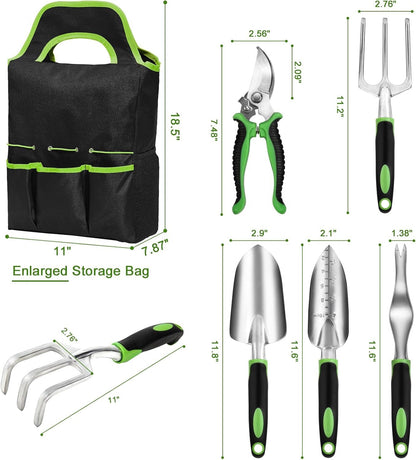 Garden Tools Set,8 Piece Heavy Duty Gardening Tools with Soft Rubberized Non-Slip Handle, Durable Aluminum Alloy Garden Hand with Pruning Shears & Large Garden Tote, Ideal Gifts for Women Men