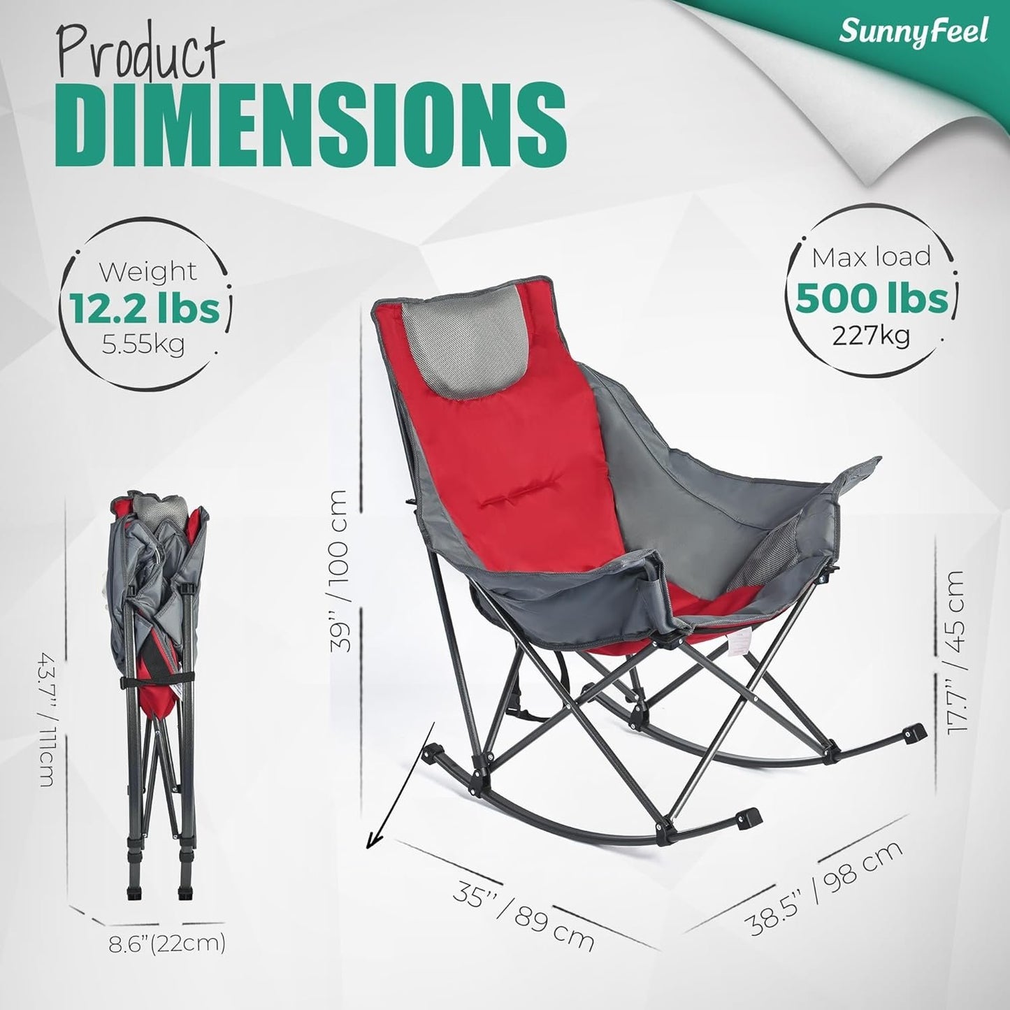 Sunnyfeel Camping Rocking Chair for Adults, Luxury Padded Recliner, Oversized Folding Rocker, Outdoor Lawn Chair (Red)