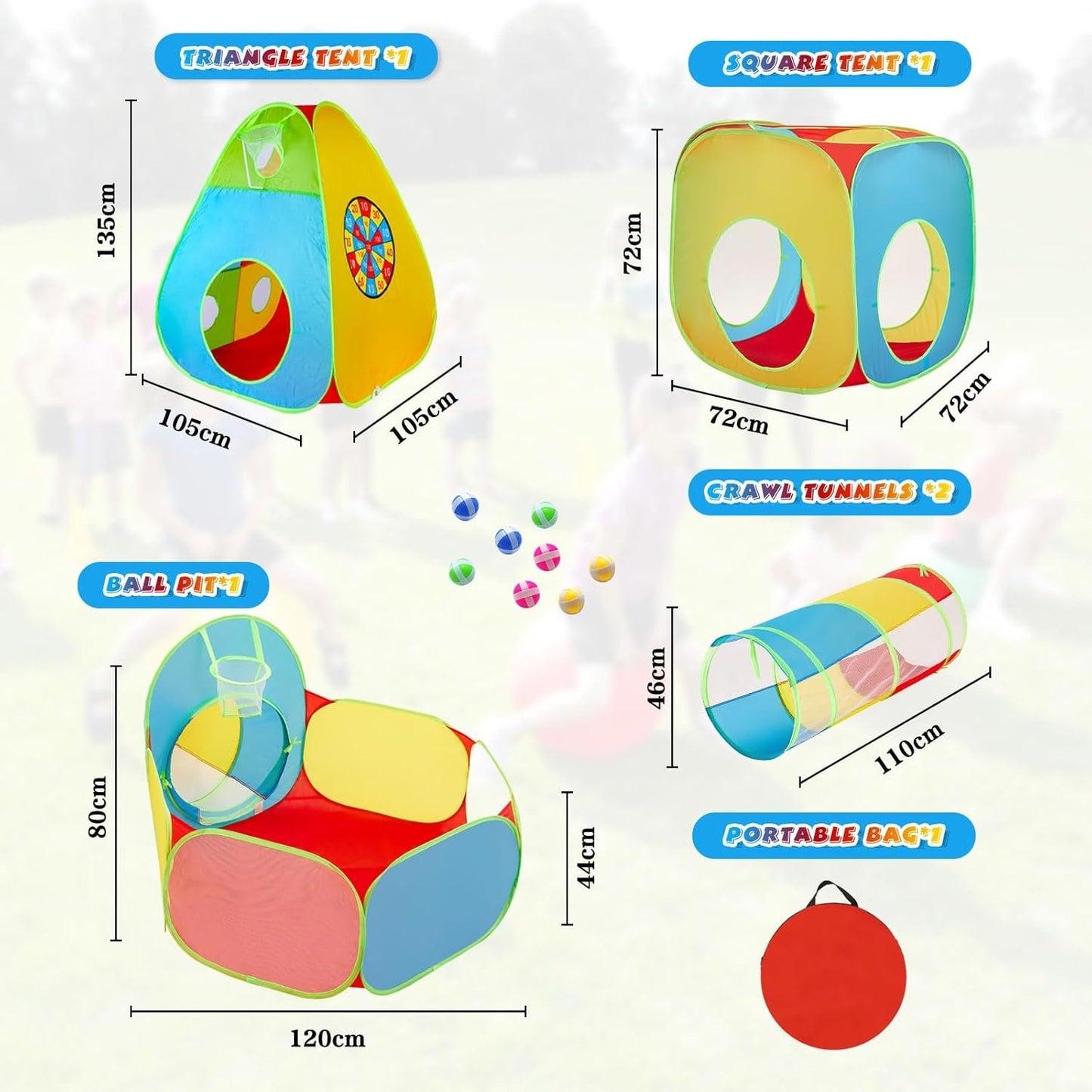 5Pack Kids Play Tent,Foldable Pop Up Tents with Carry Bag, Outdoor Playhouse with Crawling Toys & Play Tent (5 Pack Play Tent)