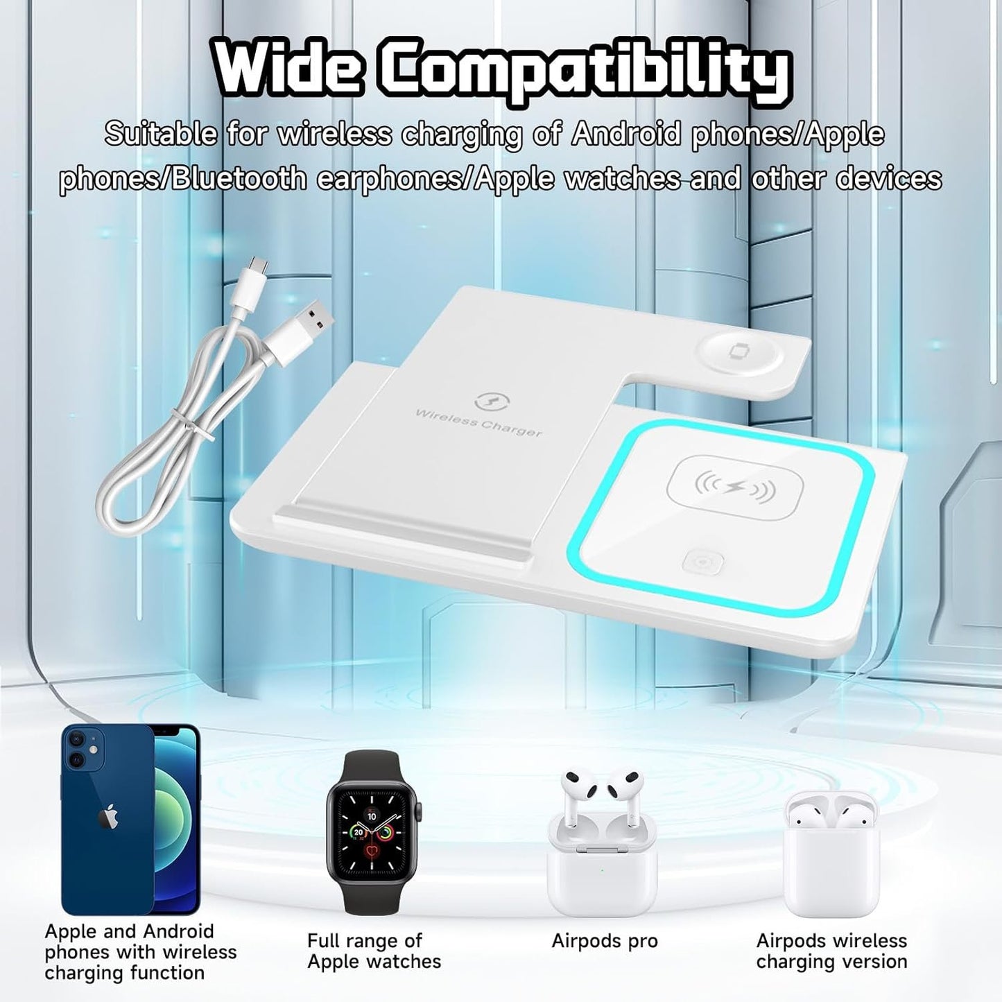Naxifly Wireless Charging Station,15W Fast Wireless 3 in 1 Charging Station,Universal for Android and iPhones Wireless Charger for iPhone 16/15/14/13/12 Pro & Max Series,AirPods,Apple Watch (White)