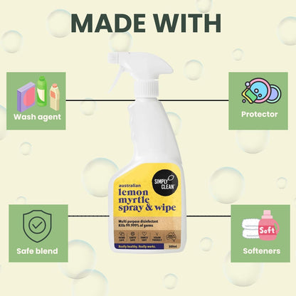 SimplyClean Lemon Myrtle Spray & Wipe - Natural Multi-Purpose Cleaner with Australian Lemon Myrtle Essential Oil - Kitchen and Bathroom Surface Cleaner - Ammonia Free - All Purpose Spray - 500ml