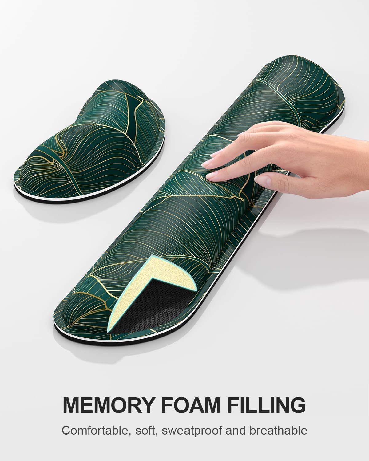 Auhoahsil Large Mouse Pad with Wrist Support Set of 3, Memory Foam Keyboard Rest + XXL Extended Gaming Pad, Ergonomic Desk for Women Men, Teal Beach Palm Tree Leaves, XX-Large