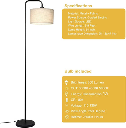 Floor Lamp for Living Room, Modern Arc Standing Lamp, 3 Color Temperatures, Bulb Included Suitable for Living Room, Bedroom, Office, Study, Baby's Room etc.