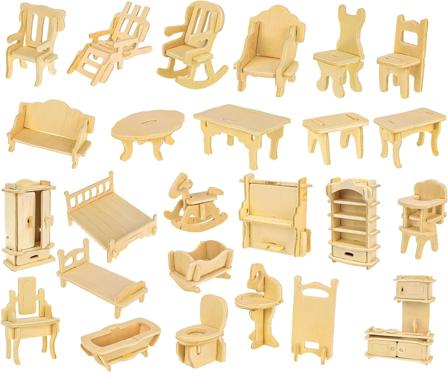 Dollhouse Furniture Set, Customizable 34 Pieces Kitchen Bathroom Living Room Bedroom Children's Room DIY Wooden Set 23542