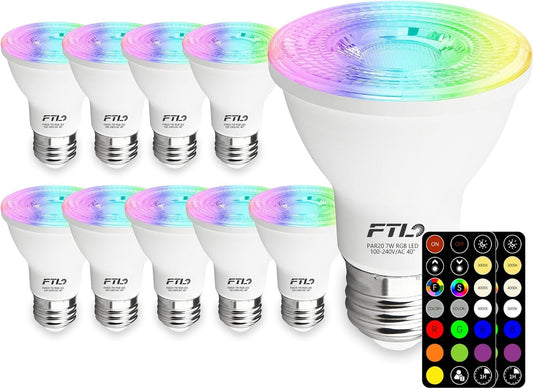 FTL 10-Pack PAR20 Color Changing Light Bulb with Remote Control, Dimmable LED RGB Colored Light Bulbs 7W 60W Equivalent, 30 Colors, 2700K-6000K, Timer, Flood Light Blub for Recessed Track Lighting