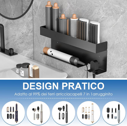 Gaethra Wall Mounted Hair Dryer Holder, 7 in 1 Strong and Rustproof Adhesive Holder, Perfect for Bathroom and Hair Care, Includes Hair Straightener Holder, Black Bathroom Hairdryer Hanger