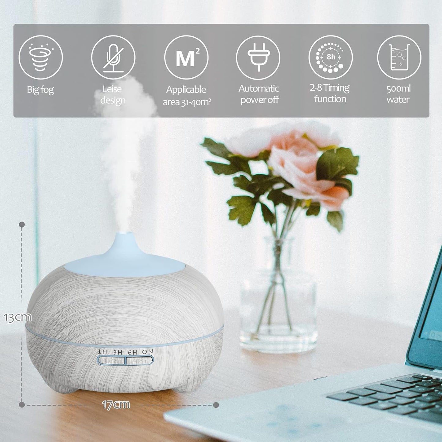 Hianjoo Essential Oil Diffuser 500ml, Electric Aroma Diffuser Humidifier Ultrasonic Aromatherapy for Bedroom Spa Yoga with 14 LED Lights - Great Choice Gifts for Families Lovers Friends (White)