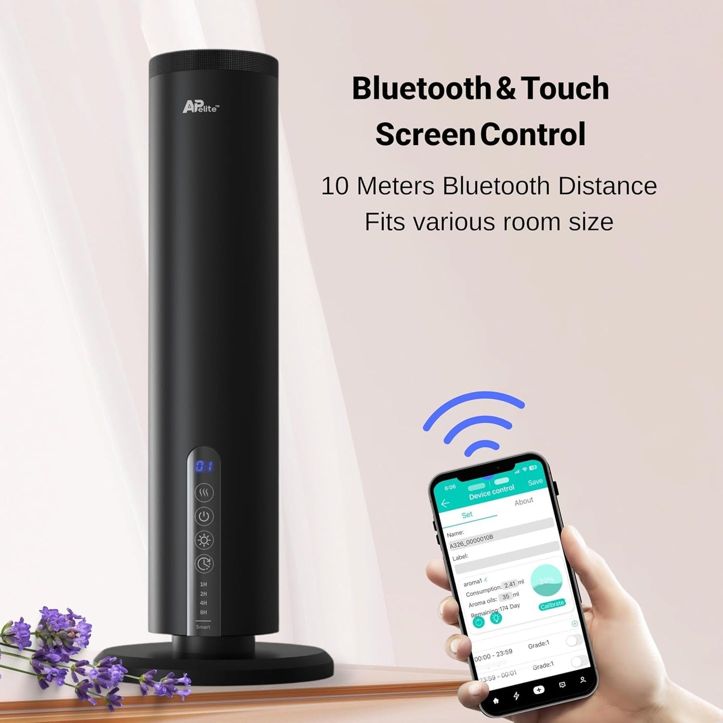 Apelite Aroma Diffuser, Waterless Essential Oil Diffuser,120ml, Bluetooth Touch Control, Aluminium, Tabletop Essential Oil Diffuser, Twin Fluid Nebulization, 160h per Refill, for Home, Office
