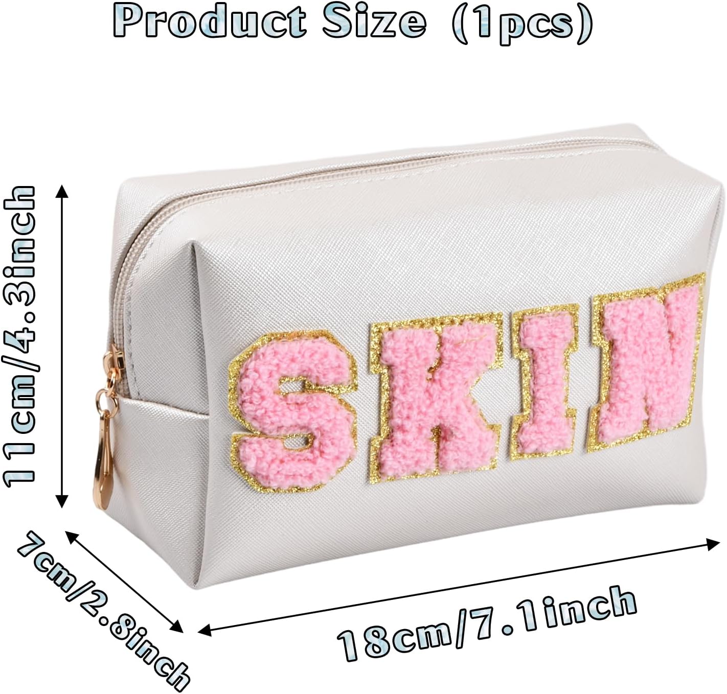Dokeo Preppy Patch Makeup Bag, Preppy Leather Makeup Bag Letters Waterproof Cosmetic Bag with Zipper Portable for Women Travel Accessories Easy to Carry, cream, Preppy Style