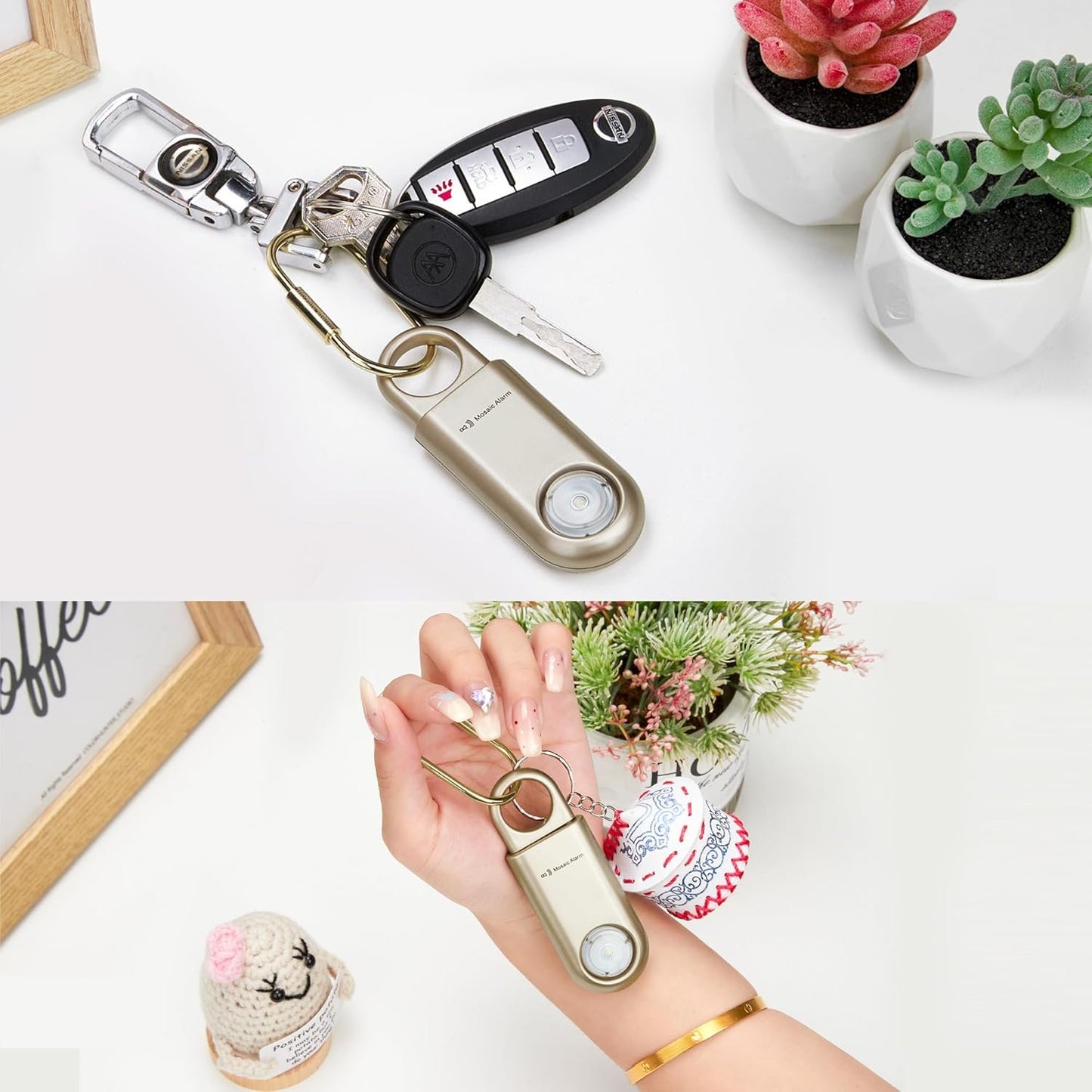 130dB Personal Safety Alarm Strobe Light. Loud Sound Keychain Siren with Carabiner for Women, College Students, Night Runners, Hiking. Bear Alarm Deterrent. SOS Emergency Self Defense Alerts. Gold