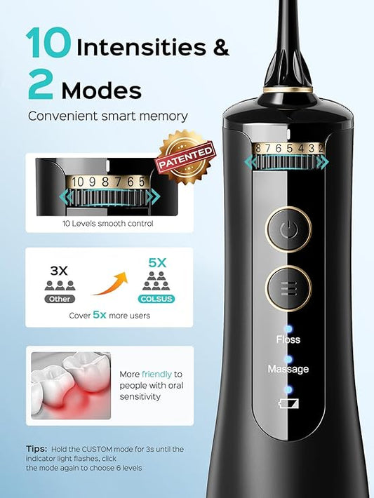 COSLUS Cordless Water Flosser & Dental Pick for Teeth, Braces, Gums Care - Advanced 10 Pressure Settings for Multiple Users, Rechargeable, Portable for Travel, BPA-Free, Black, E40(WFP14)
