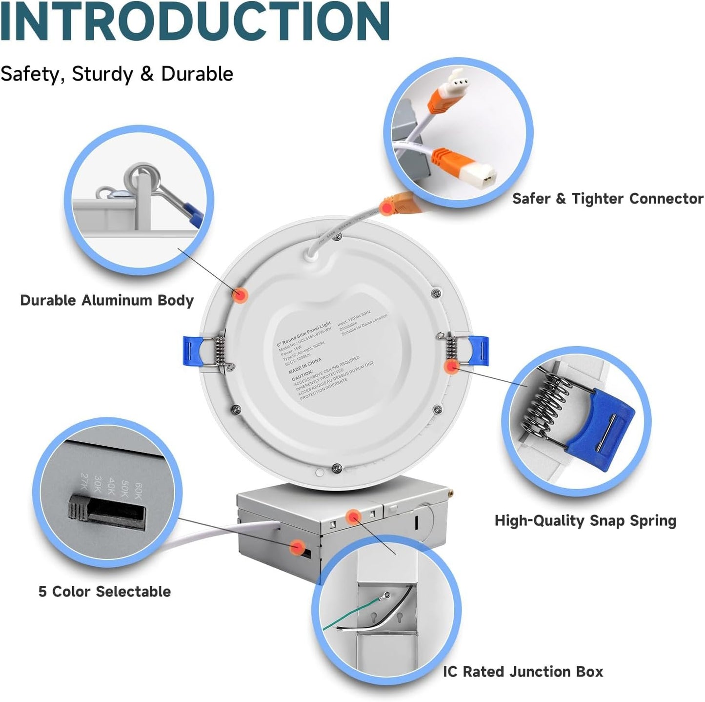 ECOELER 6 Inch 5CCT Ultra-Thin LED Recessed Ceiling Light with Junction Box, 2700K/3000K/4000K/5000K/6000K Selectable, 12W 1100Lm, Dimmable Canless Wafer Downlight, ETL&FCC Approved