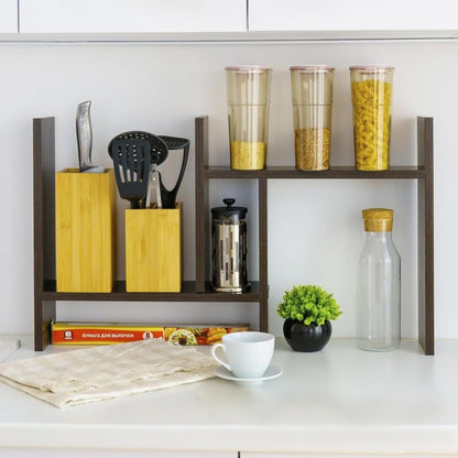 PowerKing Wood Desktop Organizer, Adjustable Desktop Bookshelf Display Shelf Rack for Home Office Desktop Storage Supplies Organization (Black)