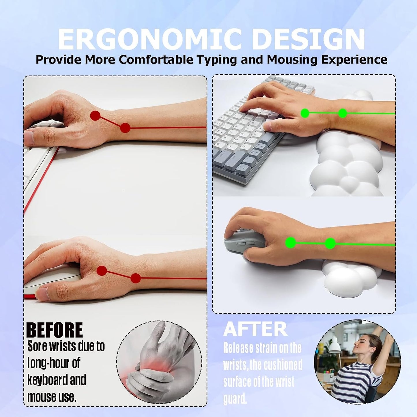 Ergonomic Keyboard Wrist Rest, PU Leather Memory Foam Cloud Wrist Rest for Computer Keyboard, Mouse Wrist Rest and Keyboard Pad for Gaming, Office, Home, Computer, Laptop, Typing Pain Relief, White