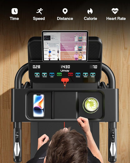UMAY Folding Home Treadmill 12 km/h, Treadmill 2.5HP/1800W with Heart Rate Monitor, APP and Bluetooth Speaker, Treadmill for Home with 12 Training Programs