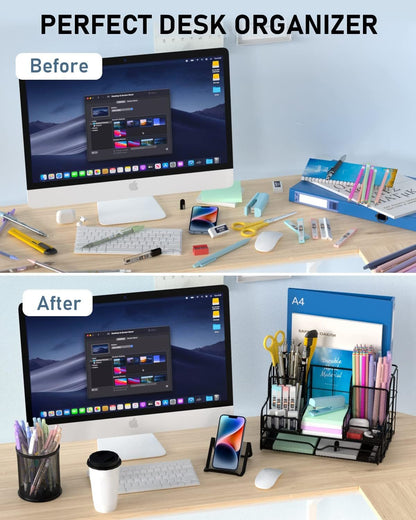 Nicpro Desk Organzier and Accessories, Black Mesh Desktop Organizer with Drawers, Pen Holder, Phone Holder, 72 PCS Paper Clips, Desk Caddy and Office Supply Organizer Set for Teacher Office Home