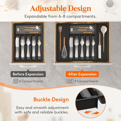 Lifewit Silverware Drawer Organizer, Expandable Utensil Tray with Non-Slip TPR, Deep Flatware Cutlery Holder, Adjustable Plastic Kitchen Storage for Spoons Forks Knives, Large, Black and Gray