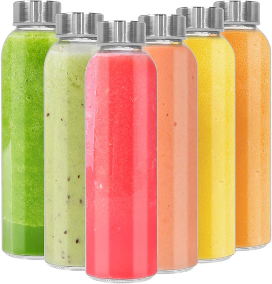 18oz (500mL) Glass Water Bottle Set (6-Pack) - BPA-Free Reusable Drink Bottles with Leak-Proof Stainless Steel Lids, Clear Juice Containers for Gym, Office, Travel & Outdoor