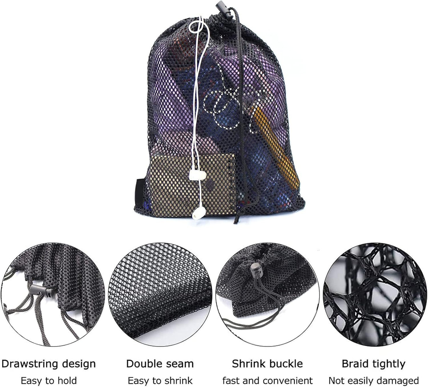 5 PCS Multi Purpose Nylon Black Mesh Drawstring Storage Ditty Bags for Travel & Outdoor Activity & Collecting (11 x 7.5inch)