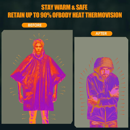 Rasupro 4 Pack Emergency Ponchos with Thickened Mylar Blanket Lining, Windproof, Waterproof, and Thermal Orange Survival Ponchos - Perfect for Outdoor Rescue, Family Camping Gear, Car Emergency Kits,