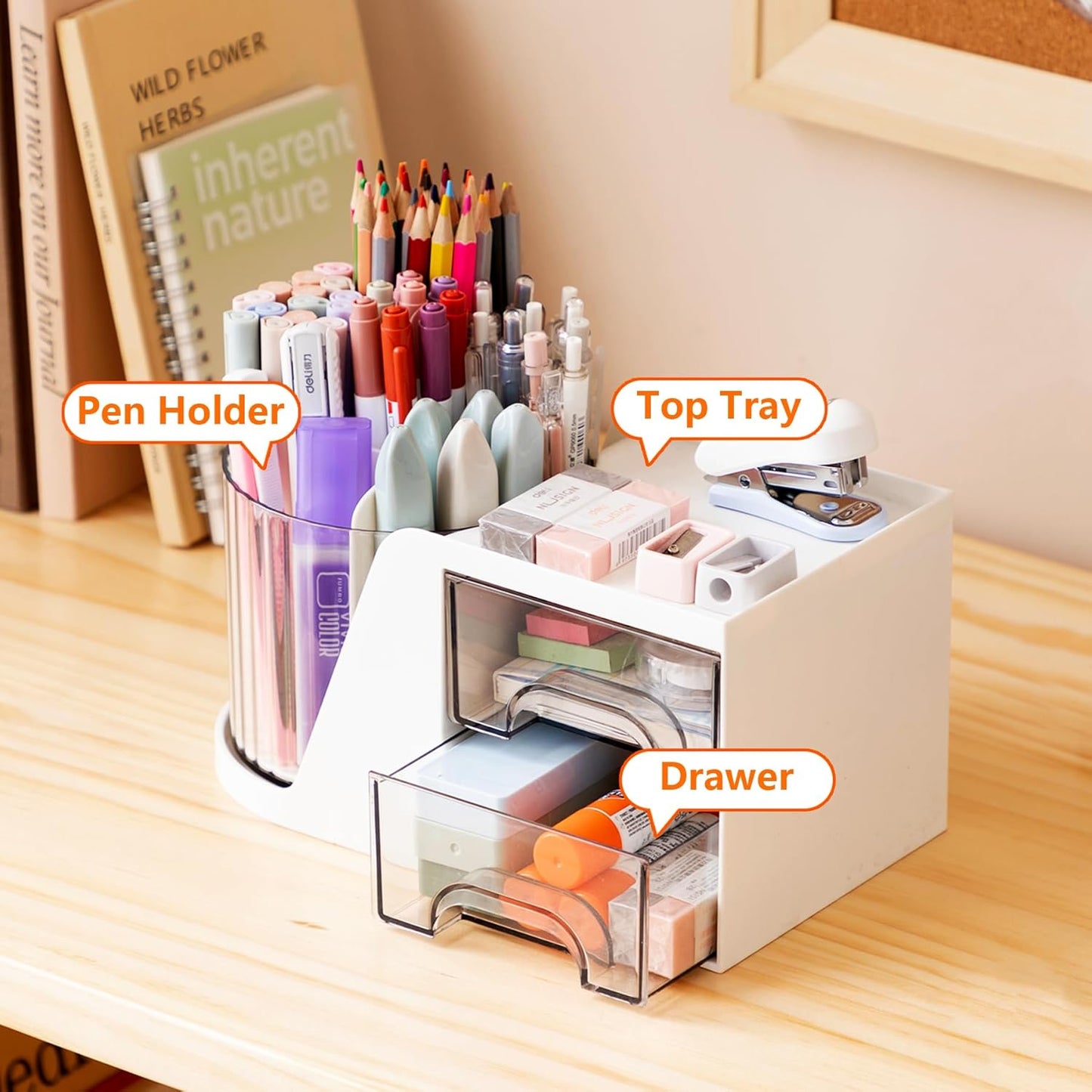 Moikiwi Desk Organizer, 360-Degree Rotating Pen Holder for Desk, Desk Organizers and Accessories with 6 Compartments Pencil Organizer, Art Supply Storage Box Caddy for Office, Home (White)