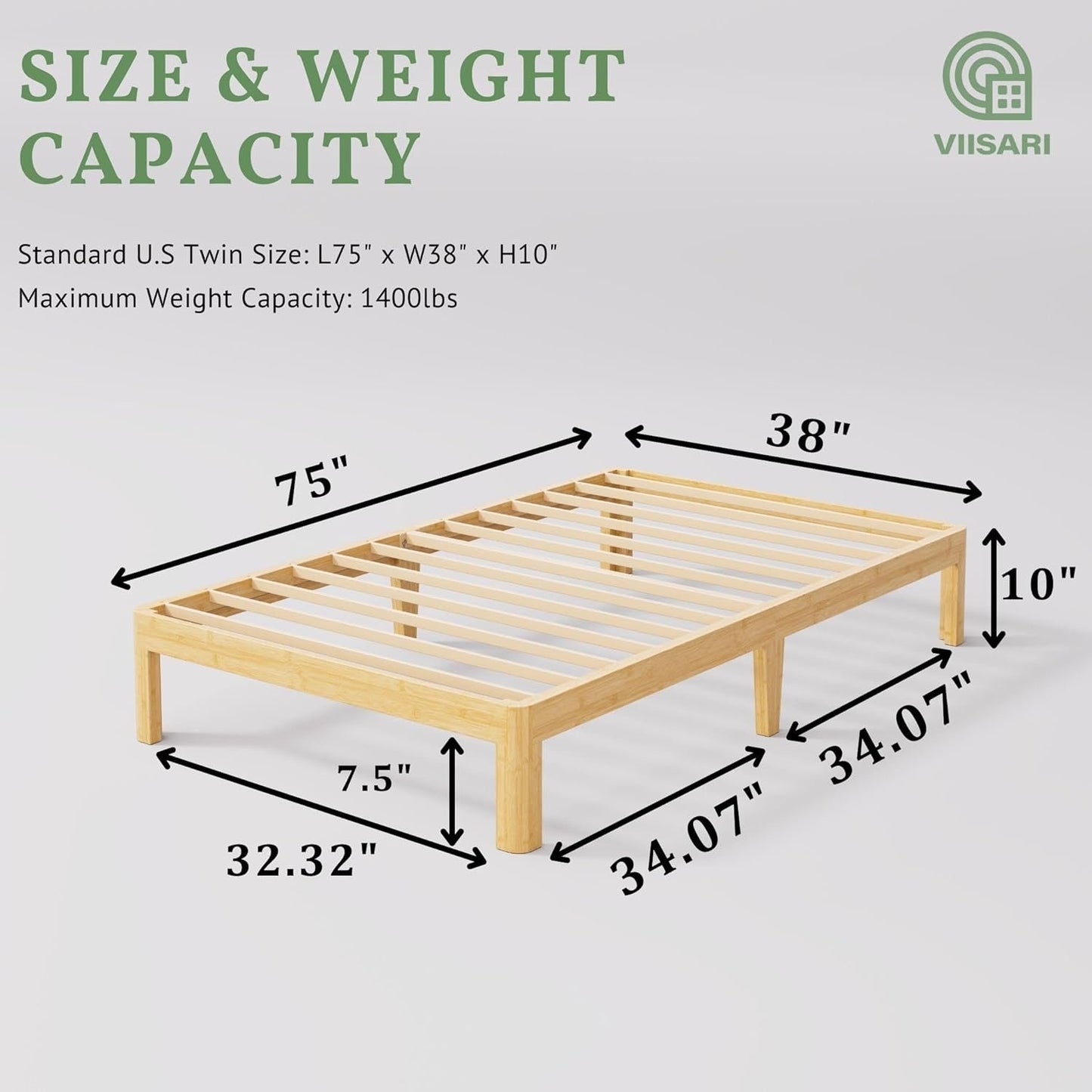 Viisari Bamboo Wood Twin Bed Frame No Box Spring Needed, 10 Inch Twin Platform Bed Frame with Steel Slats, Solid Foundation, Easy to Assembled, Noise-Free