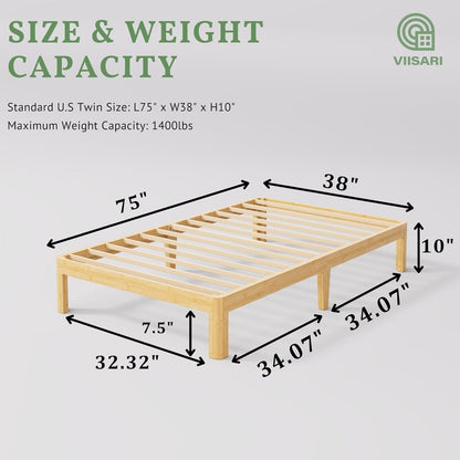 Viisari Bamboo Wood Twin Bed Frame No Box Spring Needed, 10 Inch Twin Platform Bed Frame with Steel Slats, Solid Foundation, Easy to Assembled, Noise-Free