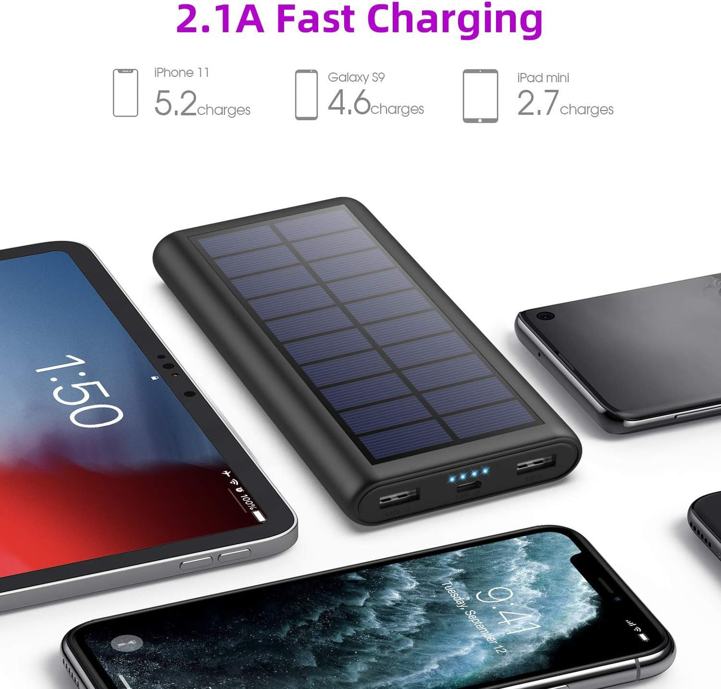 Solar Charger,26800mAh Solar Battery Power Bank Portable Panel Charger with LEDs and 2 USB Output Ports External Battery Pack for Camping Outdoor for Smartphone, Tablet, Android Cellphone Black
