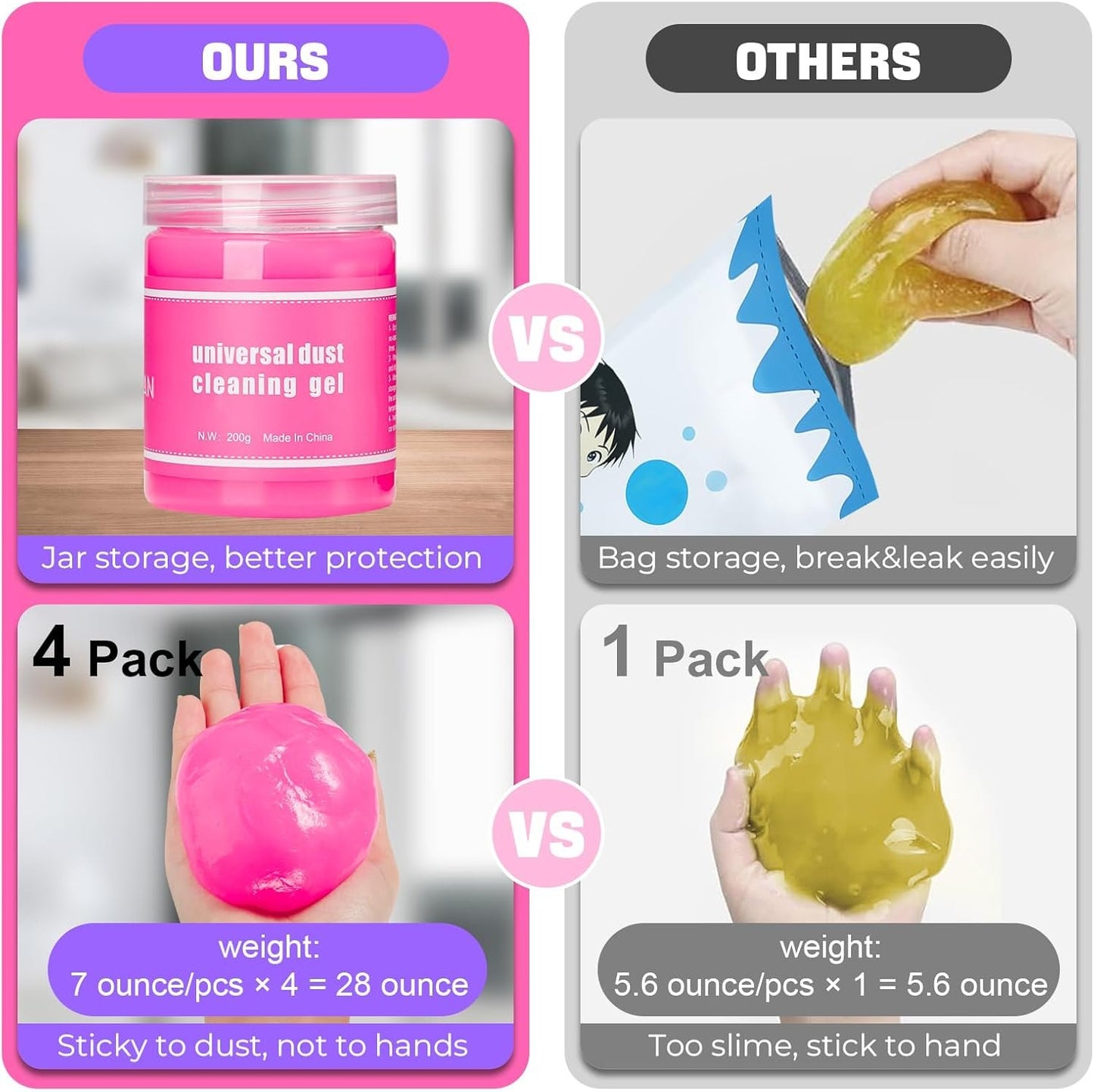vioview 4 Pack Car Cleaning Gel, Pink Car Cleaning Putty, Universal Auto Detailing Tools Car Slime for Air Vent, Dashboard and Keyboard, Auto Accessories for Women