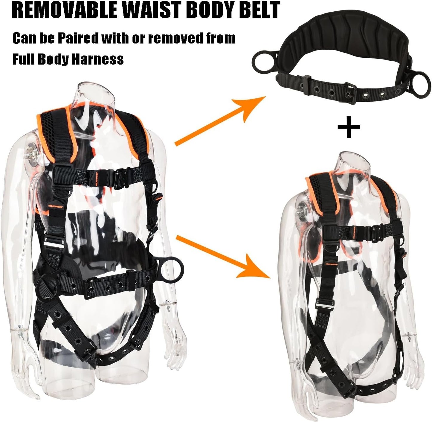 WELKFORDER 3 D-Rings Premium Industrial Fall Protection Safety Harness Iron Torso Adjustment Buckles, Iron Quick Release Buckles | Waist & Shoulder Pad Support CSA＆ANSI Compliant Full Body PPE