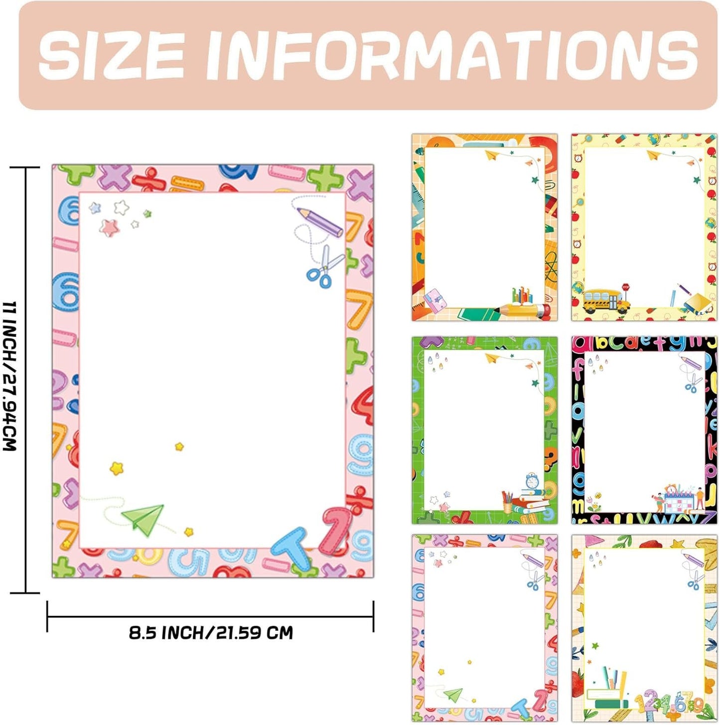 Back to School Stationery Paper 60pcs Colorful School Stuff Letterhead Paper 8.5 x 11 Inch First Day of School Writing Scrapbook Paper for Students Teacher Printing Notes