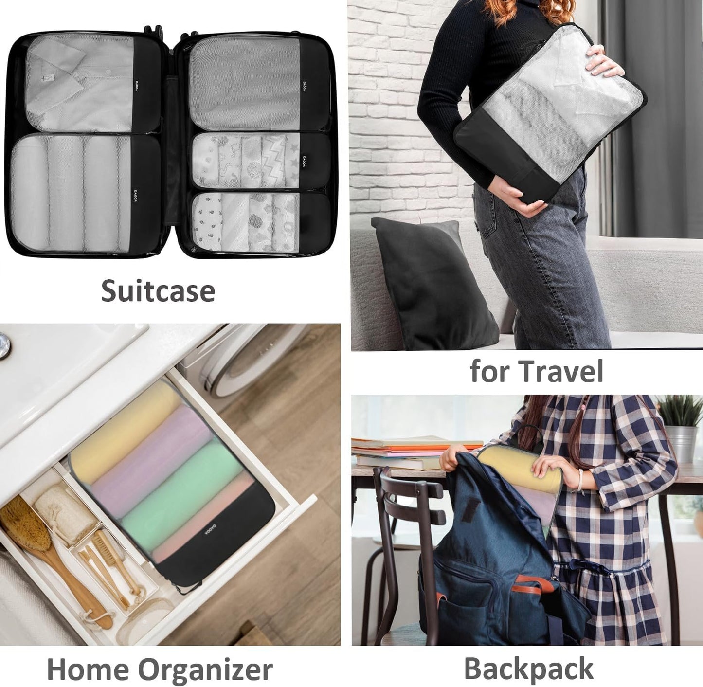 6pcs-Packing Cubes, Areaphmet Travel Compression Packing Cubes Set for Travel Accessories Organisers Bags for Luggage Organizers Suitcases Accessories (Black)