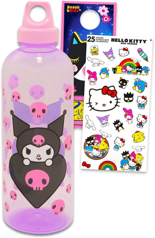 SANRIO Kuromi Reusable Water Bottle - Bundle Transparent Plastic Water Bottle with Twist Top for Home, School, Sports Plus Stickers, More | 30 Oz Kuromi Drinking Cup