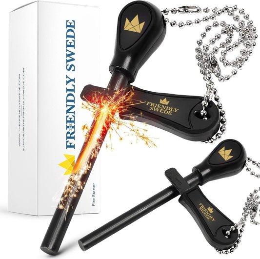 The Friendly Swede Ferro Rod Fire Starter Tool 2-Pack - Flint and Steel Fire Starter Survival Tool with Long Ferro Rod; Weatherproof Camping Fire Starter; Easy Grip Flint and Steel Fire Starter Kit