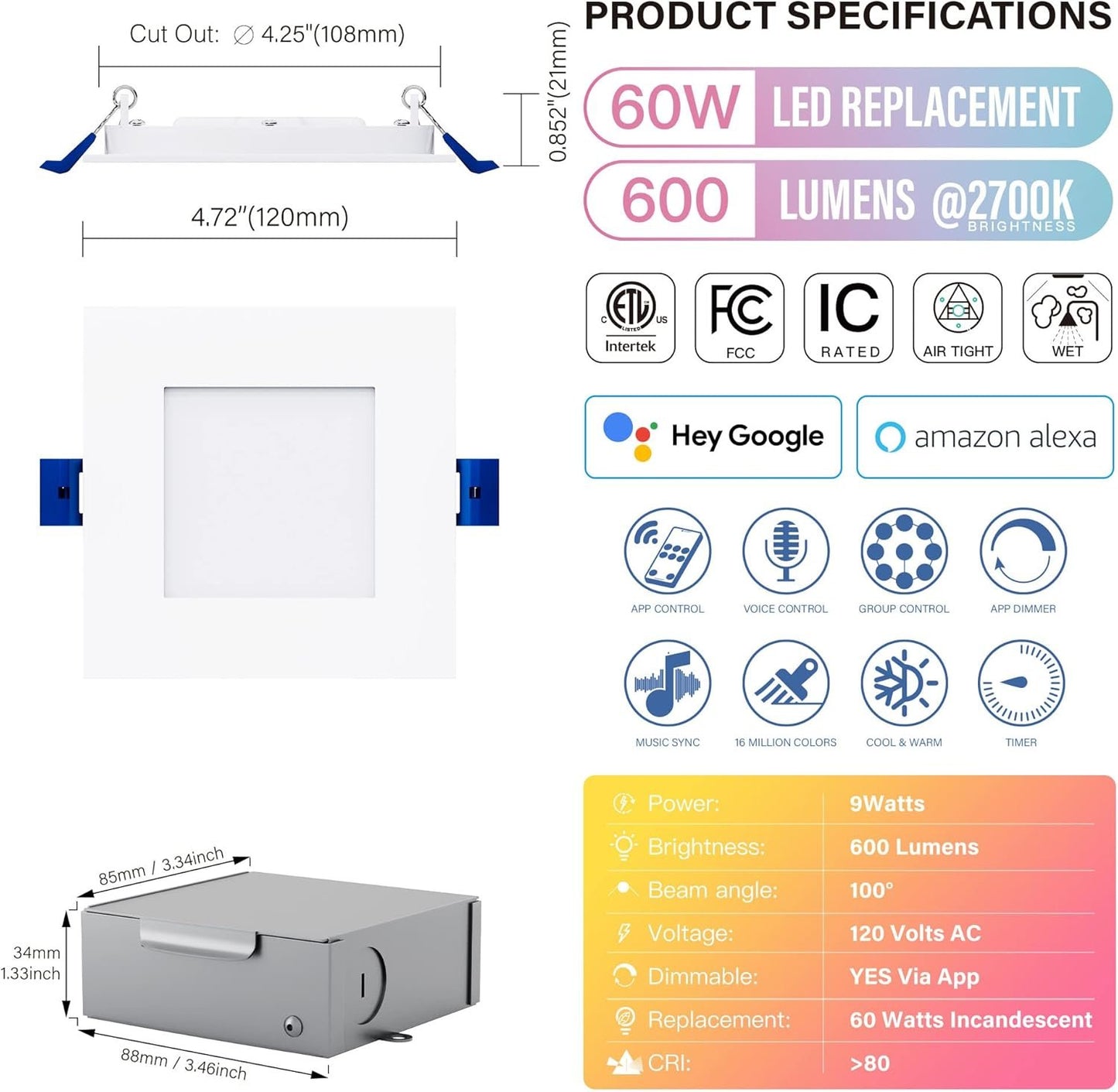 4" LED Smart Slim Recessed Pot Light, Square, WiFi APP & Voice Control, 120VAC, 9W, 600LM, RGB + 2700K-6000K, ETL & FCC & IC Rated, Wet Location, Works With Alexa/Google Home, White - 4 Packs