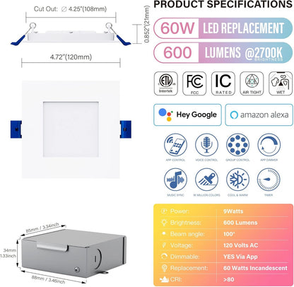 4" LED Smart Slim Recessed Pot Light, Square, WiFi APP & Voice Control, 120VAC, 9W, 600LM, RGB + 2700K-6000K, ETL & FCC & IC Rated, Wet Location, Works With Alexa/Google Home, White - 4 Packs