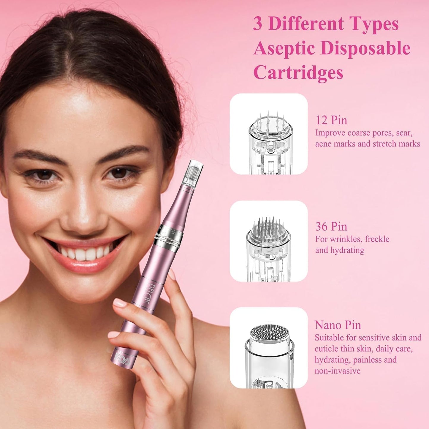 PELCAS Electric Beauty Pen Kit Professional Skincare Pen for Face & Body, Cordless Skin Care Tool at-Home with 24Pcs Replacement Cartridges, Pink