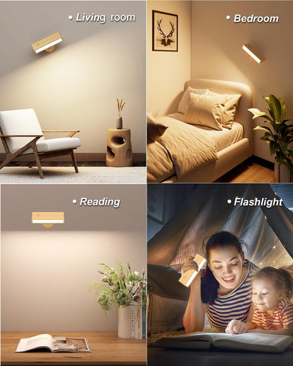Generico 360 Rotation LED Wood Wall Lamps,Battery Operated Touch Control Wood Wall Sconces,Wireless Dimmable Wall Light,Magnetic Rechargeable Reading Light with 3 Color Temperature for Living Bedroom