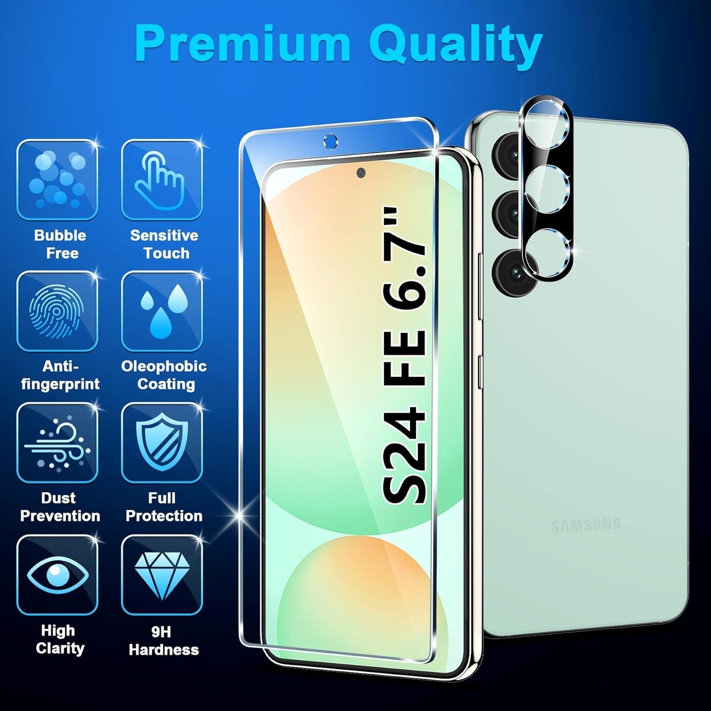 [3+3 Pack] for Samsung Galaxy S24 FE Screen Protector, 9H Tempered Glass, Ultrasonic Fingerprint Compatible, HD Clear Case Friendly for Samsung S24 FE Tempered Glass Screen Protector 5G