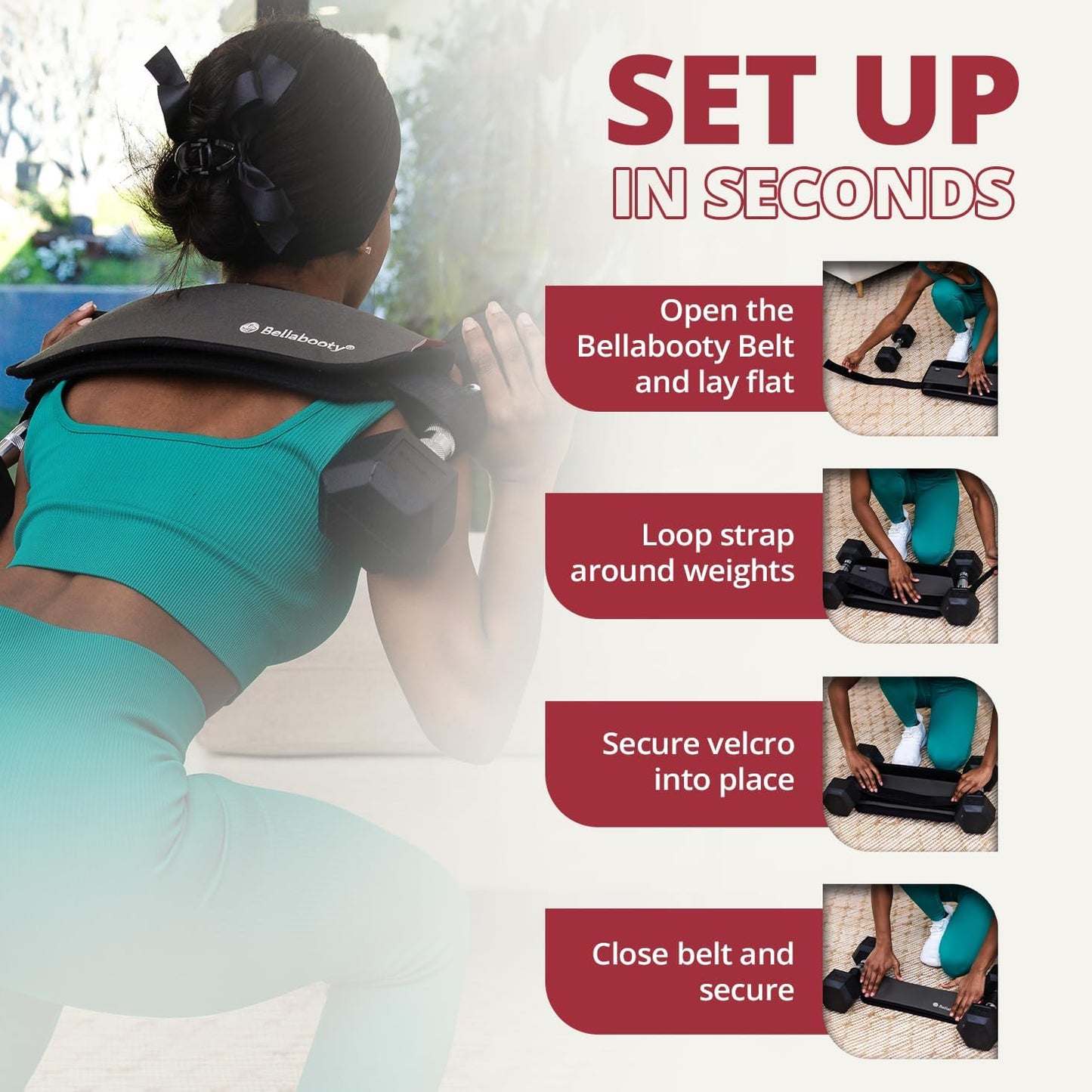 Bellabooty Exercise Hip Thrust Belt, Easy to Use with Dumbbells, Kettlebells, or Plates, Slip-Resistant Padding that Protects Your Hips for the Gym, Home Workouts, or On the Go