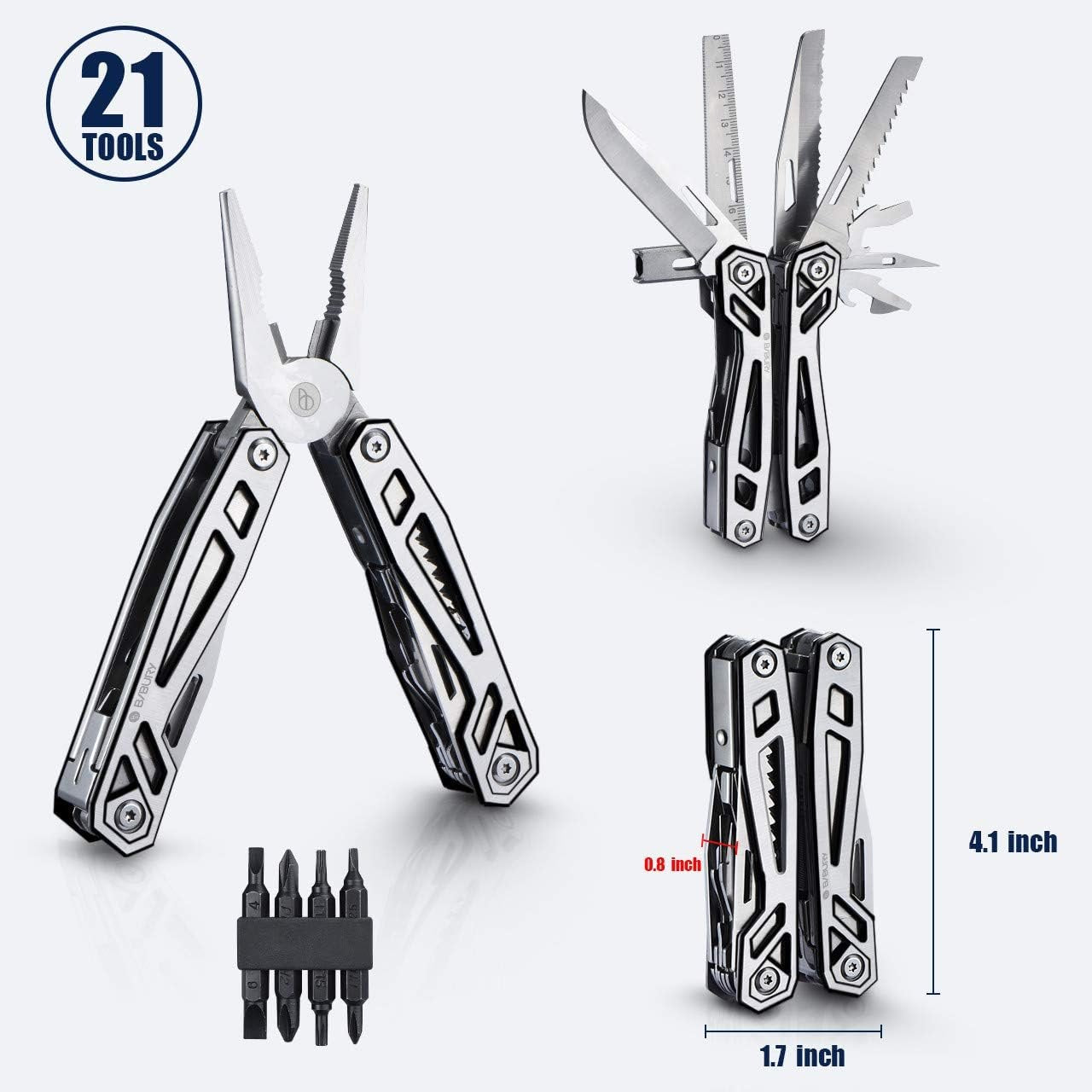 BIBURY Multitool Pliers, 21-in-1 Multi-Purpose Pocket Knife Pliers Kit, 420 Durable Stainless Steel Multi-Plier Multi-Tool for Survival, Camping, Hunting, Fishing and Hiking, Gift for Him
