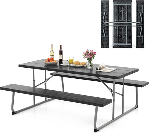 Costway Folding Picnic Table with 2 Benches, 1.8m Camping Table Set w/Metal Frame & All-Weather HDPE Tabletop, Umbrella Hole, 8-Person Large Outdoor Dining Table for Garden Yard Poolside (Black)