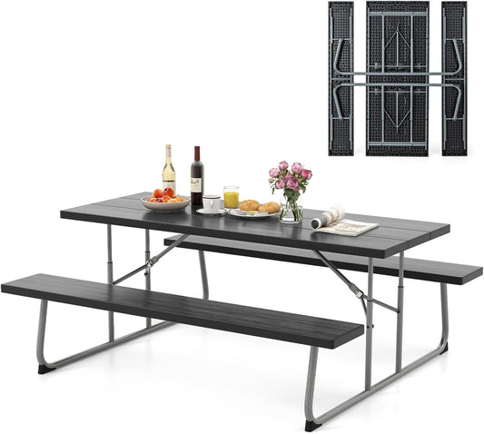 Costway Folding Picnic Table with 2 Benches, 1.8m Camping Table Set w/Metal Frame & All-Weather HDPE Tabletop, Umbrella Hole, 8-Person Large Outdoor Dining Table for Garden Yard Poolside (Black)
